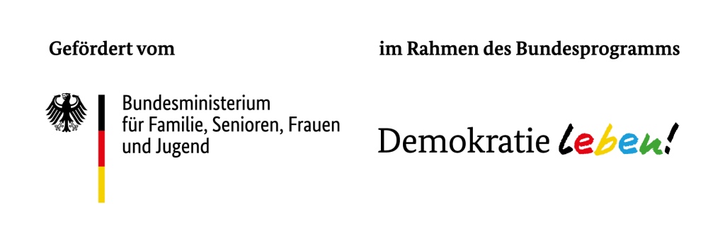 Logo des Bundesprogramms Demokratie leben! mit F&ouml;rderhinweis und Logo des Bundesministeriums f&uuml;r Familie, Senioren, Frauen und Jugend.
